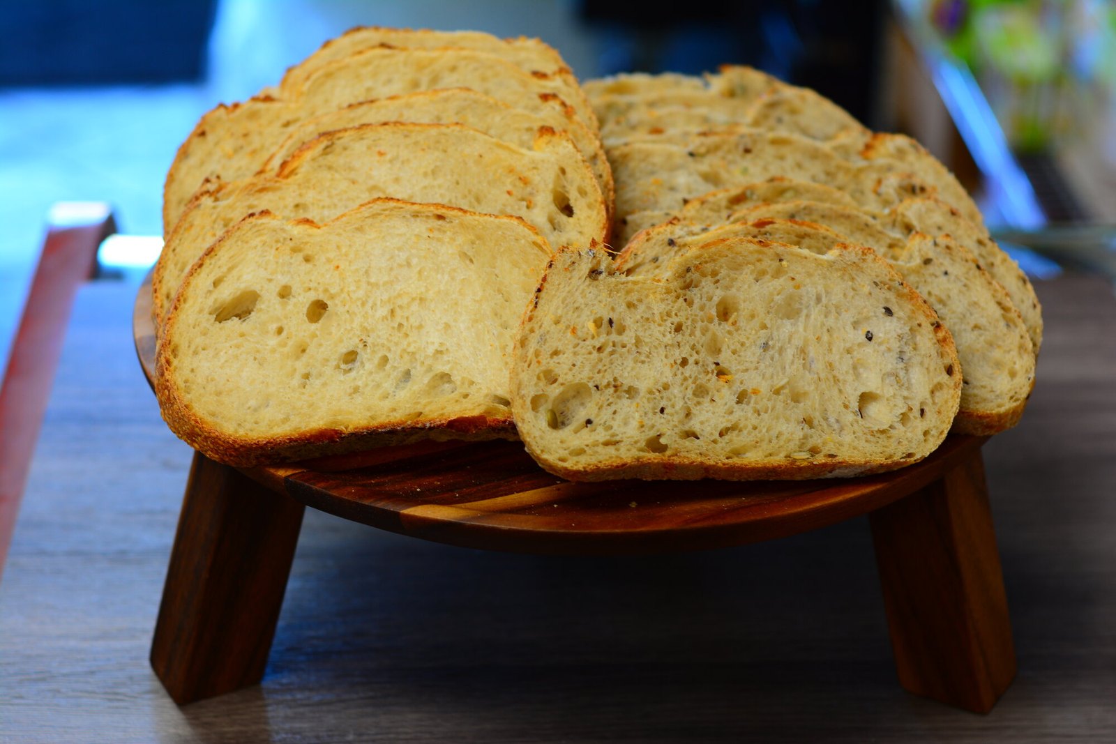 Sourdough loaves on the bakehouse shelf